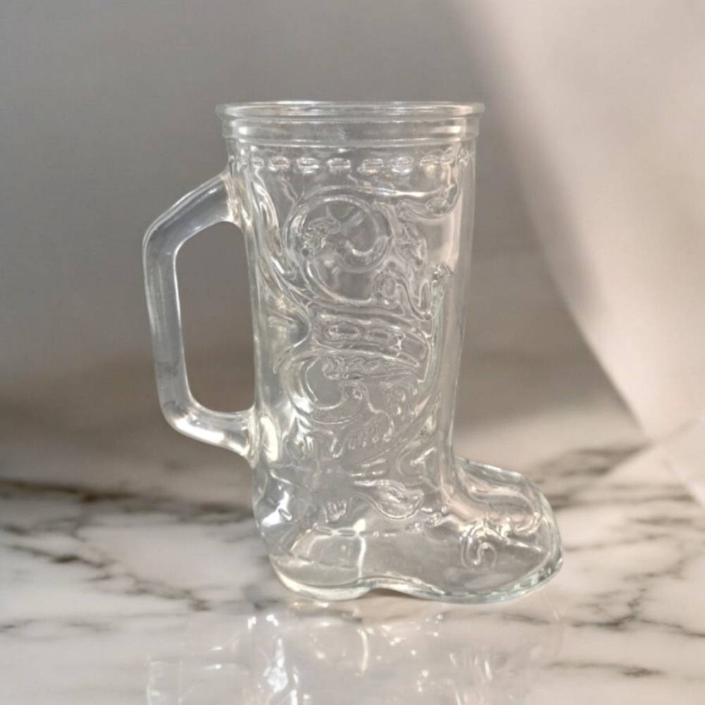 Vintage Clear Glass Western Cowboy Boot Beer Mug Handled 6"